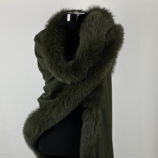 Women’s green cashmere fox fur trimmed shawl, Winter warm cashmere wrap with fox fur trim, 29X70 inch