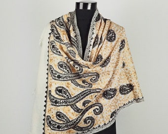 Sparkling sequined wool scarf handmade, Silk embroidered wool shawl wrap