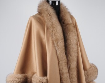 Classic Camel Cashmere Cape with Fox Fur Trim - Elegant Winter Cape for Women, Stylish Gift, One Size Fits All