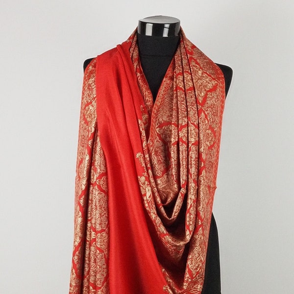 Women’s red embroidered cashmere scarf, Cashmere scarf handmade, Women’s Cashmere shawl wrap,