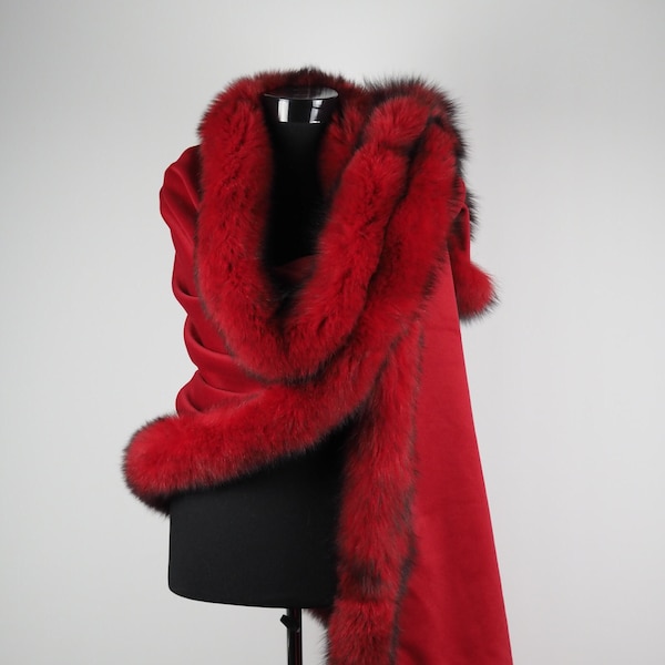 "Wunderschöner roter Kaschmir-Schal mit Fuchspelzbesatz - warmer, kuscheliger Schal, 76 x 208 cm"