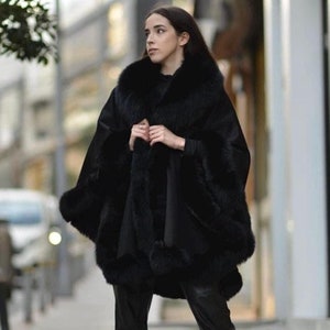Elegant Light Blue Cashmere Cape With Fox Fur Trim | Fox Fur Elegant Light Blue Cashmere Cape With Fox Fur Trim | Fox Fur