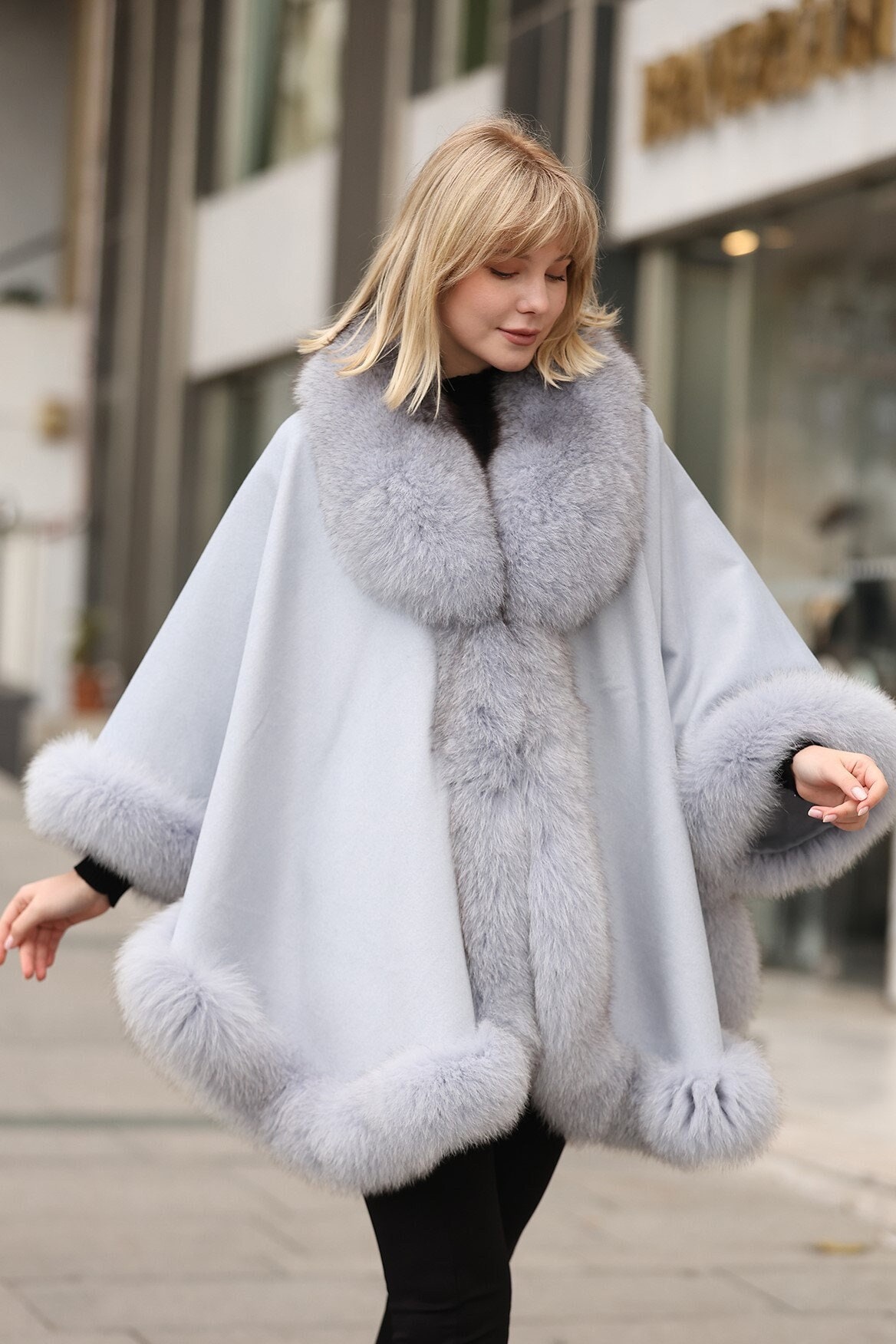 Elegant Light Blue Cashmere Cape With Fox Fur Trim | Fox Fur Elegant Light Blue Cashmere Cape With Fox Fur Trim | Fox Fur