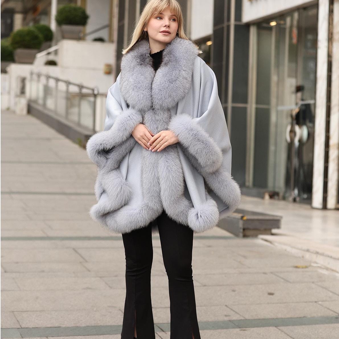 Elegant Light Blue Cashmere Cape With Fox Fur Trim | Fox Fur