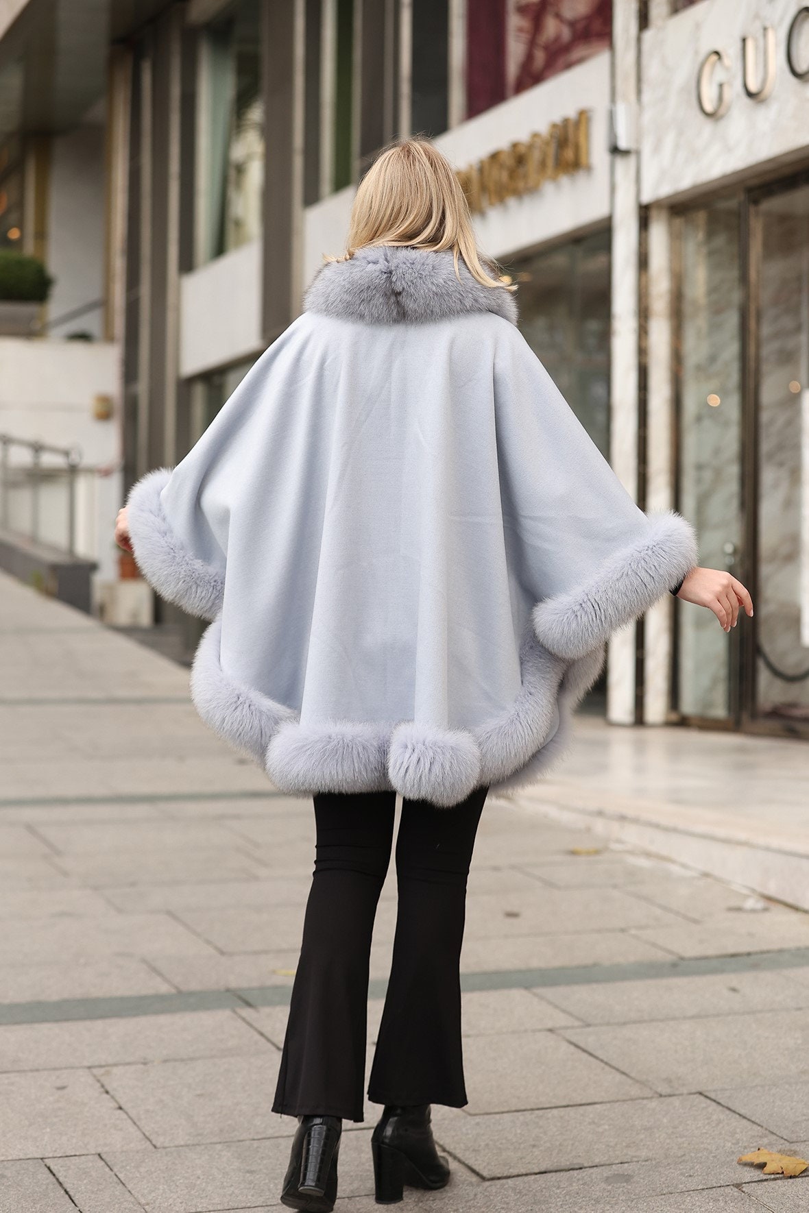 Elegant Light Blue Cashmere Cape With Fox Fur Trim | Fox Fur Elegant Light Blue Cashmere Cape With Fox Fur Trim | Fox Fur