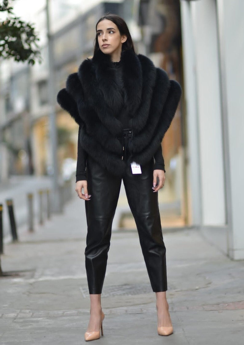 Black Fox Fur Shawl Real Fur Wrap for Winter Weddings Luxury Black Fox