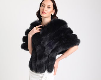 Fox Fur Stole Black, Fox Fur Shawl, Fox Fur Bridal Wrap, Fox Fur Shawl Wedding,