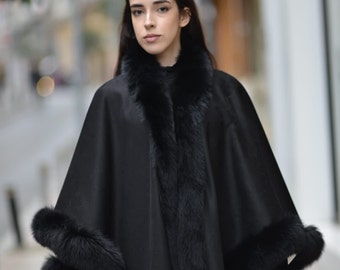 Women’s clothing back fox fur trimmed cashmere cape, Cozy fur trim cape, Stylish cape coat, One Size Fits All