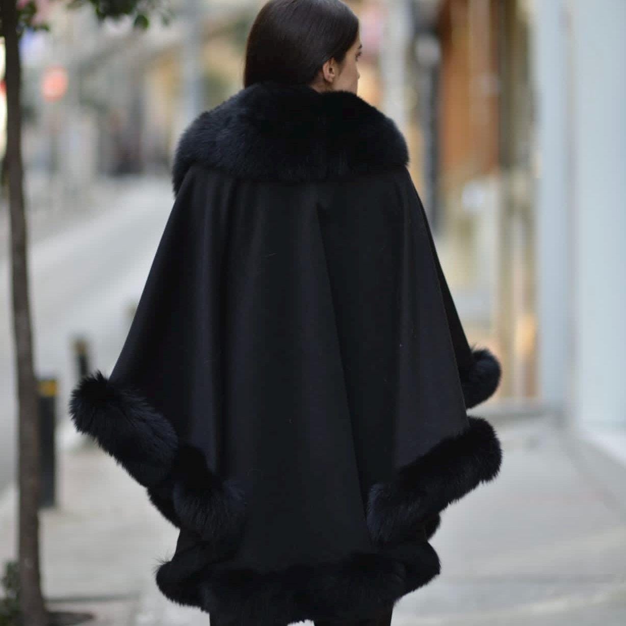 Luxury Black Fox Fur Cape – Cashmere Fur Wrap – Elegant Fur