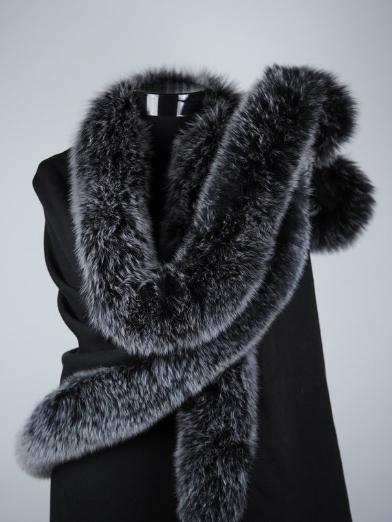 Black Cashmere Shawl With Gray Fox Fur Trim by Zerra Boutique Luxurious Winter Wrap 80 Inches Length 29 Inches Width Etsy UK