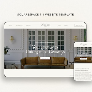 Può includere: Un modello di sito web Squarespace 7.1 che presenta un design d'interni moderno con un divano e una grande finestra. Il sito web è per un'azienda chiamata "Leisure" che offre affitti a breve termine e servizi di gestione. Il testo del sito web recita "La tua porta d'accesso a fughe indimenticabili".