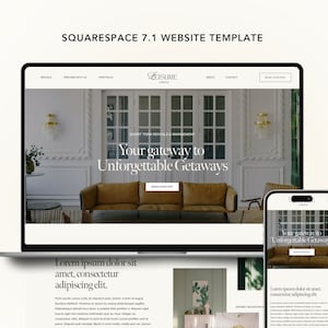 May include: A laptop and smartphone display a Squarespace 7.1 website template. The website showcases a luxury short-term rental and management service, with the text "Your gateway to Unforgettable Getaways". The design features a modern, clean aesthetic.