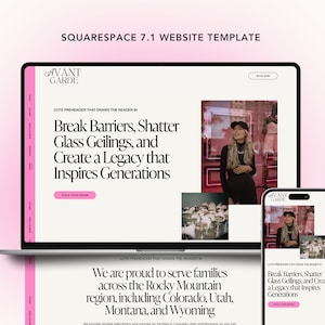 May include: A laptop and smartphone display a website template with a pink and white color scheme. The website's headline reads "Break Barriers, Shatter Glass Ceilings, and Create a Legacy that Inspires Generations."