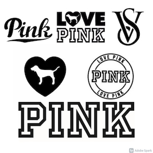 Könnte beinhalten: Schwarz-weiße Logo-Designs für Pink, eine Marke von Victoria's Secret. Die Logos zeigen die Wörter "Pink" und "Love Pink" in verschiedenen Stilen, sowie ein Herz und einen Hund.