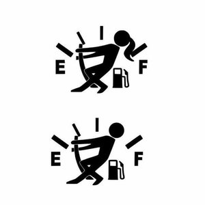 Op de afbeelding: Twee zwart-wit illustraties van een persoon die een brandstofmeternaald naar de 'F' voor vol duwt. De bovenste illustratie toont een persoon met lang haar, en de onderste illustratie toont een persoon met kort haar.