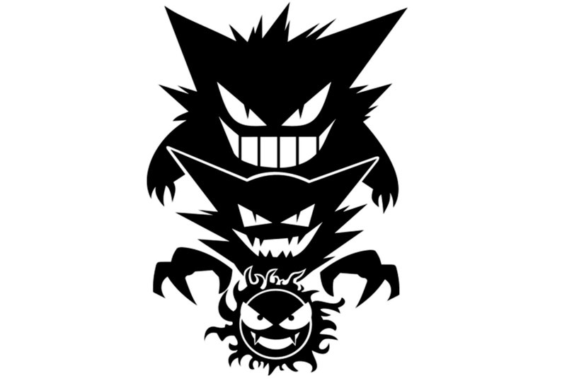Puede incluir: Silueta en blanco y negro de tres personajes de Pok&eacute;mon parecidos a fantasmas. El personaje superior tiene una gran sonrisa amenazante. El personaje del medio tiene una sonrisa m&aacute;s peque&ntilde;a. El personaje inferior es un peque&ntilde;o fantasma redondo con una gran sonrisa.
