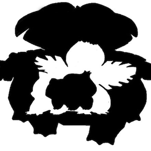 Peut inclure: Silhouette noire et blanche d'une fleur stylisée avec une plus petite fleur à l'intérieur. La plus grande fleur a une forme arrondie avec des pétales pointus et recourbés. La plus petite fleur est à l'intérieur de la plus grande et a une forme arrondie avec des pétales arrondis et recourbés.