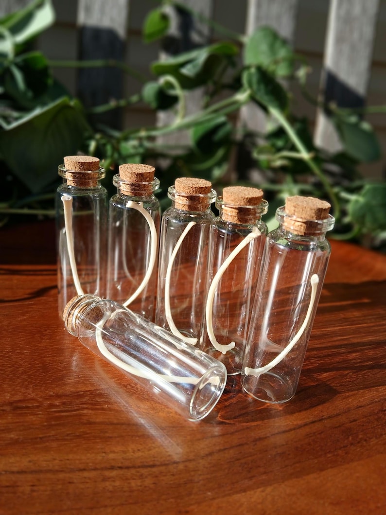 Puede incluir: Una colecci&oacute;n de peque&ntilde;as botellas de vidrio transparente con tapones de corcho. Cada botella tiene una cuerda blanca y curvada. Una botella est&aacute; tumbada de lado. Las botellas est&aacute;n dispuestas sobre una superficie de madera, con vegetaci&oacute;n en el fondo.