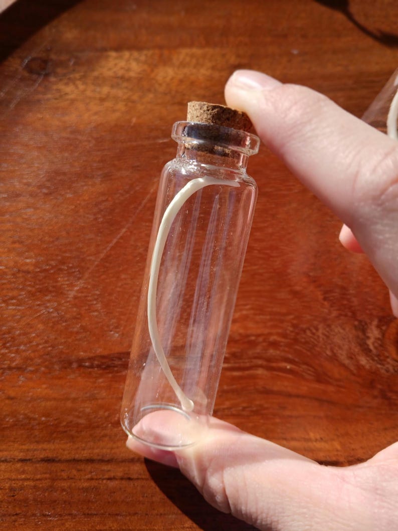 Puede incluir: Una peque&ntilde;a botella de vidrio transparente con tap&oacute;n de corcho, que contiene un objeto delgado, curvado y blanquecino. La botella se sostiene contra una superficie de madera. La botella mide unos 7,6 cm de alto.