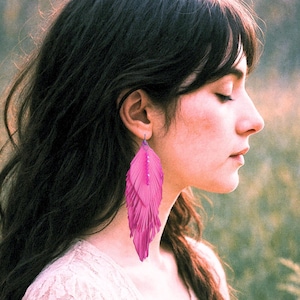 Pink Leather Feather Fringe Earrings • Wester Boho Statement • Triple-Layer Deer Leather & Preciosa Crystal Dangles • Artisan Gift USA