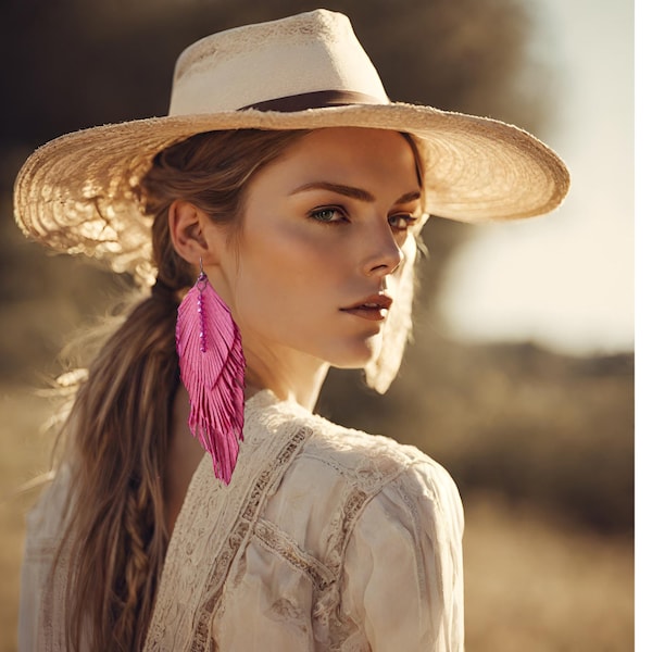 Pink Leather Feather Earrings, Long Boho Dangles, Crystal Dangle, Long Earring, Girlfriend Gift, Cowgirl Earrings, Layered Bohemian fringe