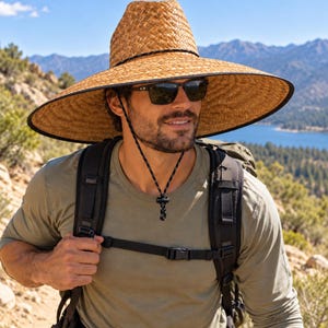 May include: A wide-brimmed straw hat with a tall crown and a black fabric trim along the edge. The hat features a black and white patterned chin strap with an adjustable toggle. The hat is worn with dark-tinted sunglasses with black frames.