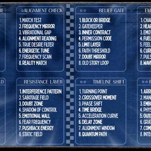 Może przedstawiać: Ciemnoniebieska karta zatytułowana "The Manifestation Blueprint" z białym tekstem. Karta podzielona jest na sekcje takie jak "Seed of Desire" i "Alignment Check", z których każda zawiera ponumerowane pojęcia. Tekst "by the reckoning co" znajduje się w prawym dolnym rogu.