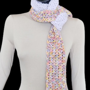 Handmade Crochet Colorful Scarf in Pastel Shades and Lilac in Soft Bamboo.