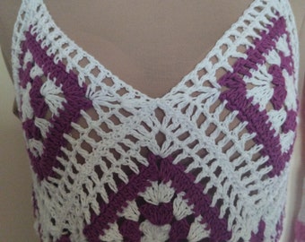 Handmade by Crochet Trendy Fringe Top Granny Squares Plum and White. Handmade Crochet Fringed Top in Purple and White