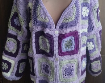 Handmade by Crochet Granny Square Cardigan in Shades of Lilac and Purple