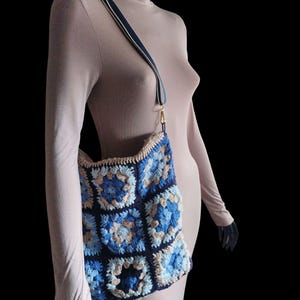Large Cross Body Bag Handmade in Crochet. Granny Square Design in Cotton. In Tones of Blue with Beige. Striking and Practical.