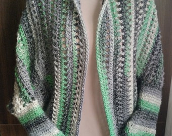Handmade by Crochet Trendy Cocoon Cardigan Jacket in Gray and Green in a Unique Design