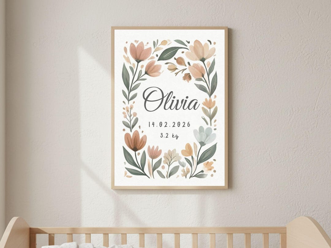 Personalized Floral Birth Stats Poster, Custom Baby Name Nursery Wall ...