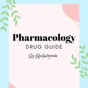 Könnte beinhalten: Eine rosa und weiße Grafik mit goldener Umrandung und grünen Blättern an den Seiten. Der Text "Pharmacology Drug Guide" ist in schwarzer Fettschrift. Der Text "By: ReeInvigorate" ist in schwarzer Kursivschrift.