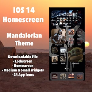 Könnte beinhalten: Ein anpassbares iOS 14-Homescreen-Thema, inspiriert von der Fernsehserie The Mandalorian. Das Thema enthält ein Kalender-Widget, App-Symbole und Widgets für Apps wie Nachrichten, Karten, Wetter, Notizen, Fotos, Kalender, Instagram, Spotify und Widgetsmith. Das Thema ist so konzipiert, dass es wie der Wüstenplanet Tatooine aus dem Star Wars-Universum aussieht.