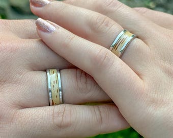 Natural Birch & Stainless Steel Rings, Men's Women's Unisex, Wedding Bands, Birch Bark, Epoxy Jewelry, Nature Jewelry