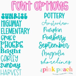 Puede incluir: Un fondo blanco muestra una variedad de opciones de fuente en color turquesa y rosa. El texto "Font Options" est&aacute; en rosa, y los nombres de las fuentes est&aacute;n en color turquesa. Las palabras "the pink peach" est&aacute;n en la parte inferior, con "Glitter Tumblers + More" debajo.