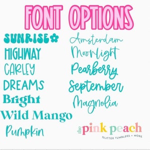 Puede incluir: Gr&aacute;fico con el texto "FONT OPTIONS" en rosa y blanco. Debajo, nombres de fuentes en turquesa y cursiva, incluyendo "Sunrise", "Highway", "Carley", "Dreams", "Bright", "Wild Mango" y "Pumpkin".