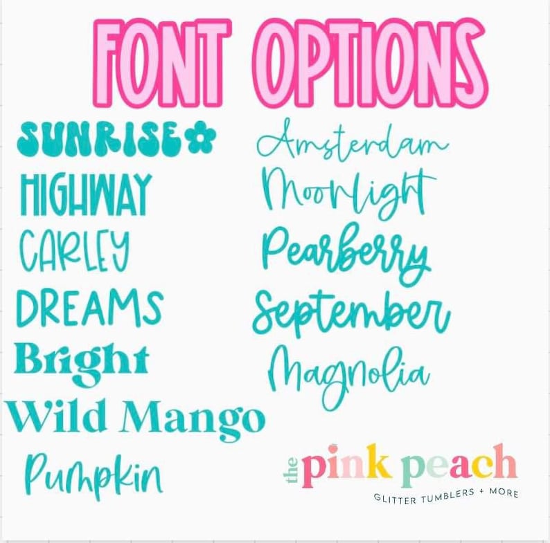 Puede incluir: Gr&aacute;fico con el texto "FONT OPTIONS" en rosa y blanco. Debajo, nombres de fuentes en turquesa y cursiva, incluyendo "Sunrise", "Highway", "Carley", "Dreams", "Bright", "Wild Mango" y "Pumpkin".
