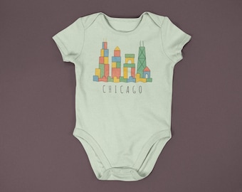 Chicago Skyline Baby Onesie – Wooden Block City Design | Soft Baby Bodysuit