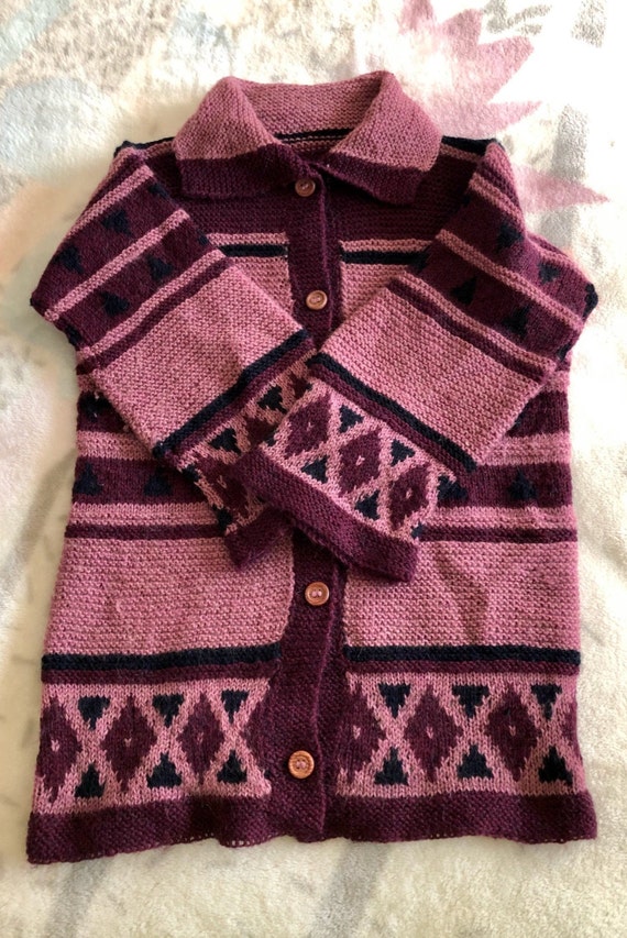 Long Geometric Hand Knit Wool Cardigan