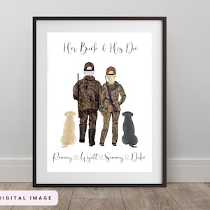 Christmas gift for hunter, hunting portrait, digital illustration, christmas gift from husband, hunting gift for woman, hunting couple