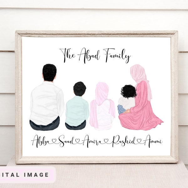 Famille musulmane personnalisée, Cadeau de l’Aïd, portrait NUMÉRIQUE, illustration personnalisée, art familial, illustration familiale, Ramadan Moubarak