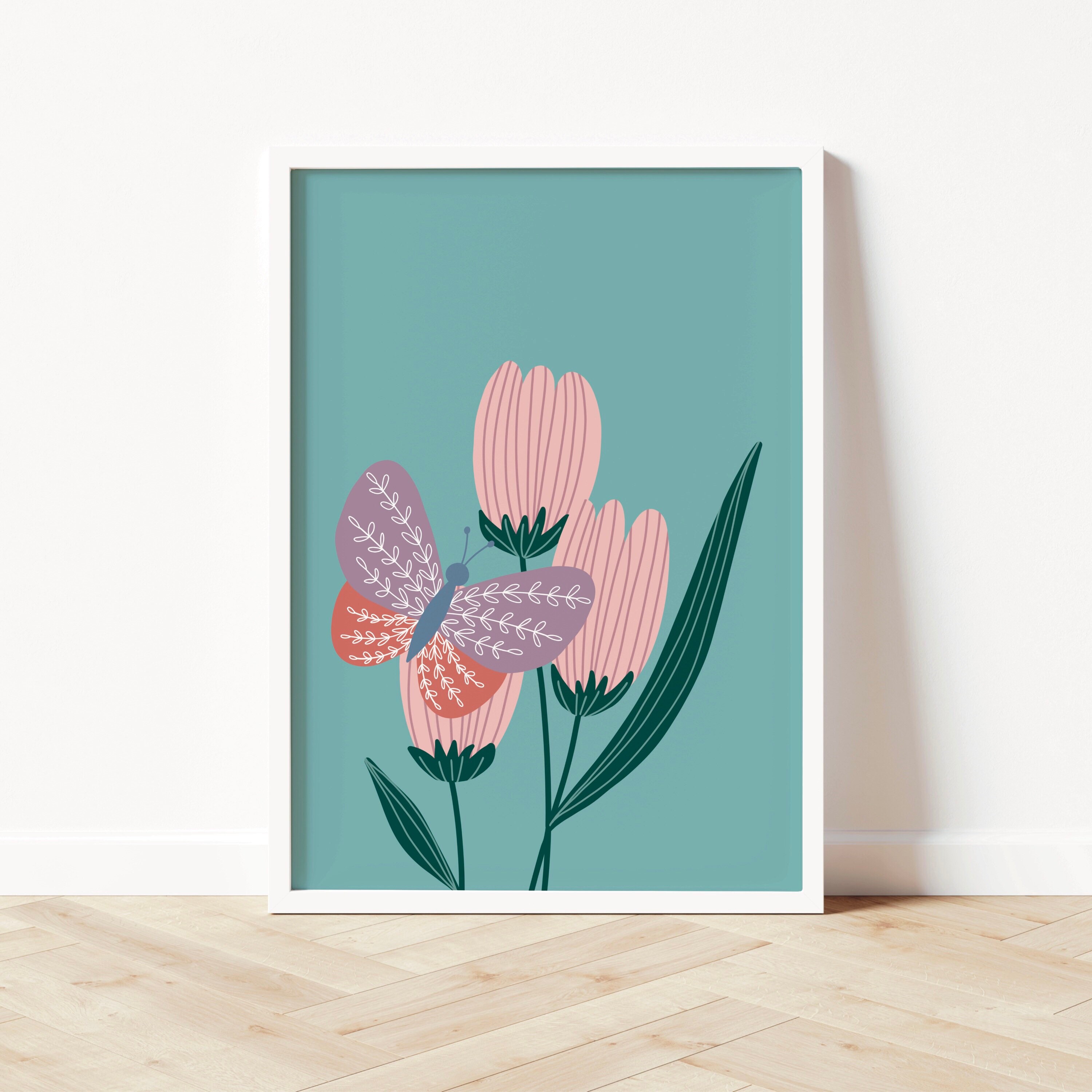 Tulip and Butterfly Print Flower Illustrations Wall Art | Etsy