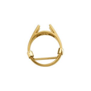May include: A gold ring setting with a split shank and a smooth, round band. The setting is designed to hold a center stone.