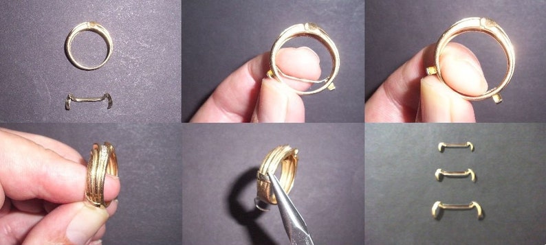 May include: A gold ring that is made of three separate bands that can be separated and reassembled. The ring is shown in various stages of assembly and disassembly.