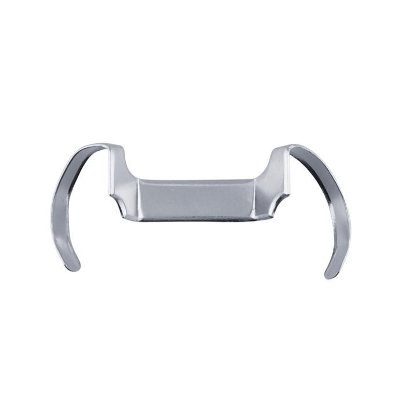 May include: A silver orthodontic separator with two loops on either side. The separator is designed to create space between teeth.