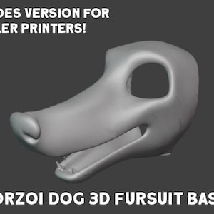 Puede incluir: Base de fursuit de perro Borzoi impresa en 3D de color gris. El diseño incluye un hocico, una cuenca del ojo y una boca abierta con dientes. El texto en la parte superior dice "INCLUDES VERSION FOR SMALLER PRINTERS!" y en la parte inferior "BORZOI DOG 3D FURSUT BASE!"