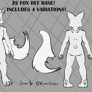 Puede incluir: Una hoja de referencia de arte de línea en blanco y negro para dibujar un personaje de zorro. La hoja incluye cuatro variaciones del zorro, incluyendo una vista frontal, una vista posterior y dos estilos de cola diferentes. La hoja también incluye imágenes separadas de las patas y los pies del zorro.