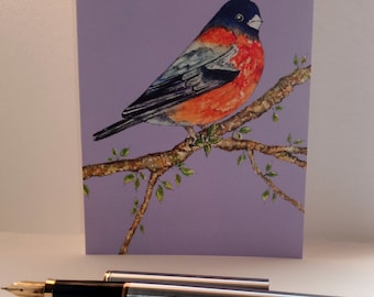 Purple Coloured Bullfinch Notecard, with envelope, from my original watercolour artwork